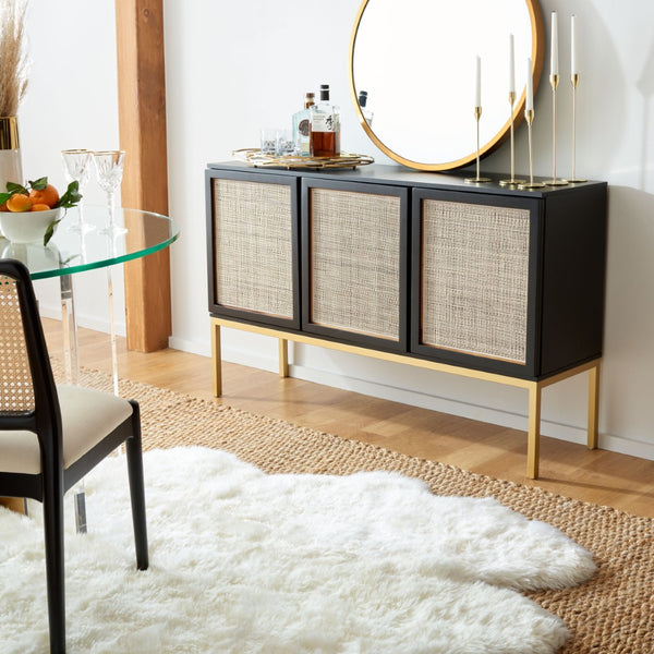 Safavieh Zadie Modern Coastal Elegance Rattan Sideboard With Two Shelves For Stylish Storage Solutions Black With Natural Rattan / Gold Legs MED5010A