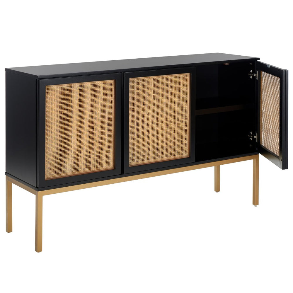 Safavieh Zadie Modern Coastal Elegance Rattan Sideboard With Two Shelves For Stylish Storage Solutions Black With Natural Rattan / Gold Legs MED5010A