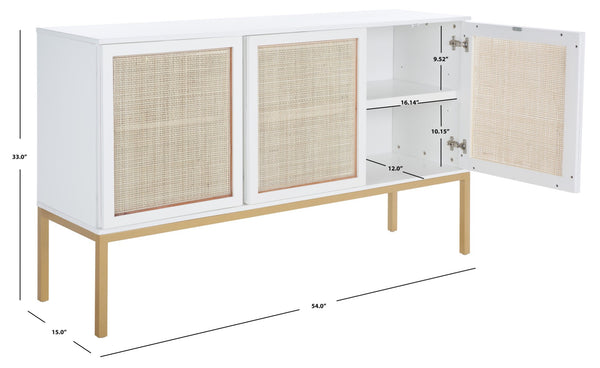 Safavieh Zadie Modern Coastal Elegance Rattan Sideboard With Two Shelves For Stylish Storage Solutions White With Natural Rattan / Gold Legs MED5010B