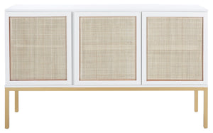 Safavieh Zadie Modern Coastal Elegance Rattan Sideboard With Two Shelves For Stylish Storage Solutions White With Natural Rattan / Gold Legs MED5010B