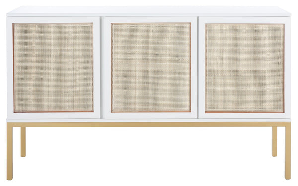 Safavieh Zadie Modern Coastal Elegance Rattan Sideboard With Two Shelves For Stylish Storage Solutions White With Natural Rattan / Gold Legs MED5010B