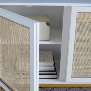 Safavieh Zadie Modern Coastal Elegance Rattan Sideboard With Two Shelves For Stylish Storage Solutions White With Natural Rattan / Gold Legs MED5010B