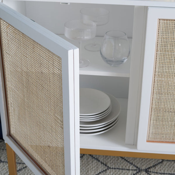 Safavieh Zadie Modern Coastal Elegance Rattan Sideboard With Two Shelves For Stylish Storage Solutions White With Natural Rattan / Gold Legs MED5010B