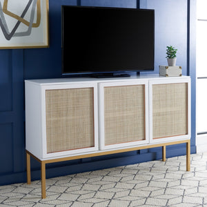 Safavieh Zadie Modern Coastal Elegance Rattan Sideboard With Two Shelves For Stylish Storage Solutions White With Natural Rattan / Gold Legs MED5010B