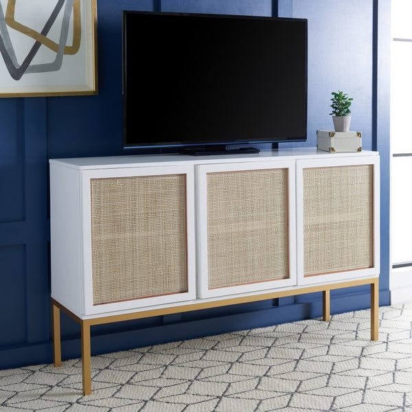 Safavieh Zadie Modern Coastal Elegance Rattan Sideboard With Two Shelves For Stylish Storage Solutions White With Natural Rattan / Gold Legs MED5010B
