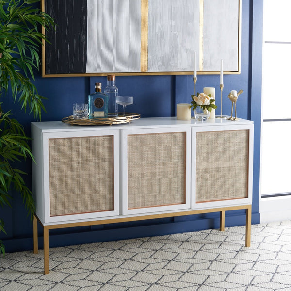 Safavieh Zadie Modern Coastal Elegance Rattan Sideboard With Two Shelves For Stylish Storage Solutions White With Natural Rattan / Gold Legs MED5010B