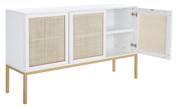 Safavieh Zadie Modern Coastal Elegance Rattan Sideboard With Two Shelves For Stylish Storage Solutions White With Natural Rattan / Gold Legs MED5010B