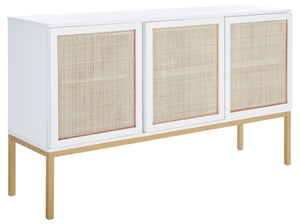 Safavieh Zadie Modern Coastal Elegance Rattan Sideboard With Two Shelves For Stylish Storage Solutions White With Natural Rattan / Gold Legs MED5010B