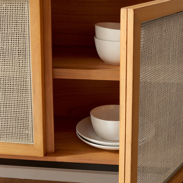 Safavieh Zadie Modern Coastal Elegance Rattan Sideboard With Two Shelves For Stylish Storage Solutions Natural With Natural Rattan / Black Legs MED5010C