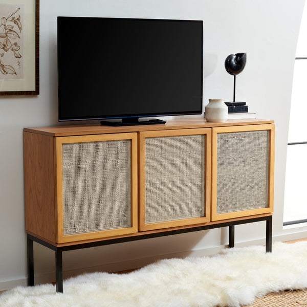 Safavieh Zadie Modern Coastal Elegance Rattan Sideboard With Two Shelves For Stylish Storage Solutions Natural With Natural Rattan / Black Legs MED5010C