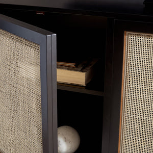Safavieh Zadie Modern Coastal Elegance Rattan Sideboard With Two Shelves For Stylish Storage Solutions Black With Natural Rattan / Black Legs MED5010D