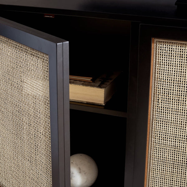 Safavieh Zadie Modern Coastal Elegance Rattan Sideboard With Two Shelves For Stylish Storage Solutions Black With Natural Rattan / Black Legs MED5010D