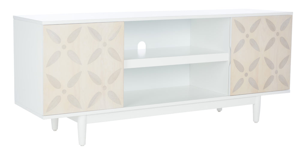 Safavieh Faye Modern 3-Shelf Media Stand With Geometric Pattern, Whitewashed Finish & Storage Solutions MED5011A