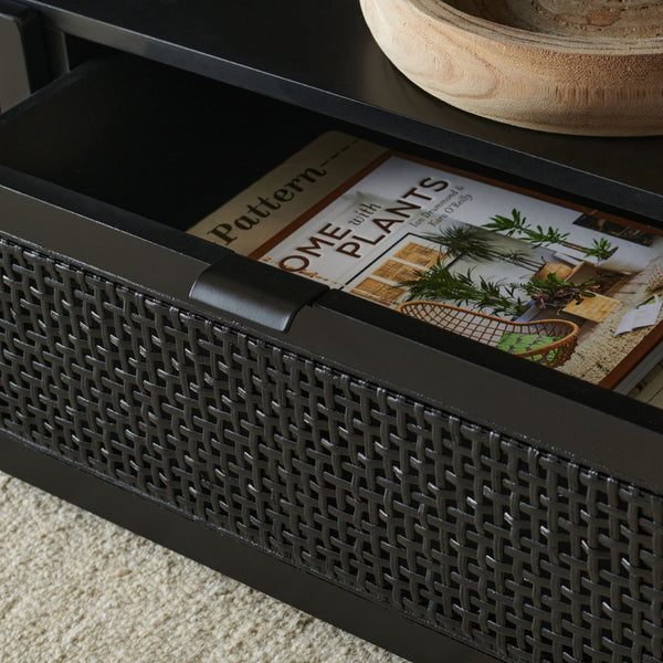 Safavieh Theon Airy 2 Drawer Media Stand With Woven Rattan Panels For Modern Living Spaces And Stylish Storage Black / Natural MED5015C