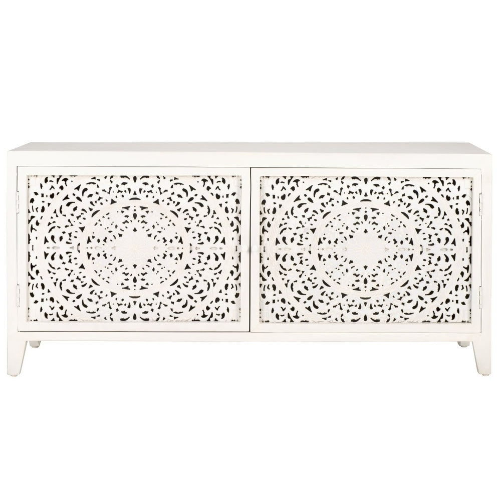 Safavieh Raura Handcrafted 2-Shelf Media Stand With Antique White Finish And Carved Patterns For Stylish Storage MED5300A