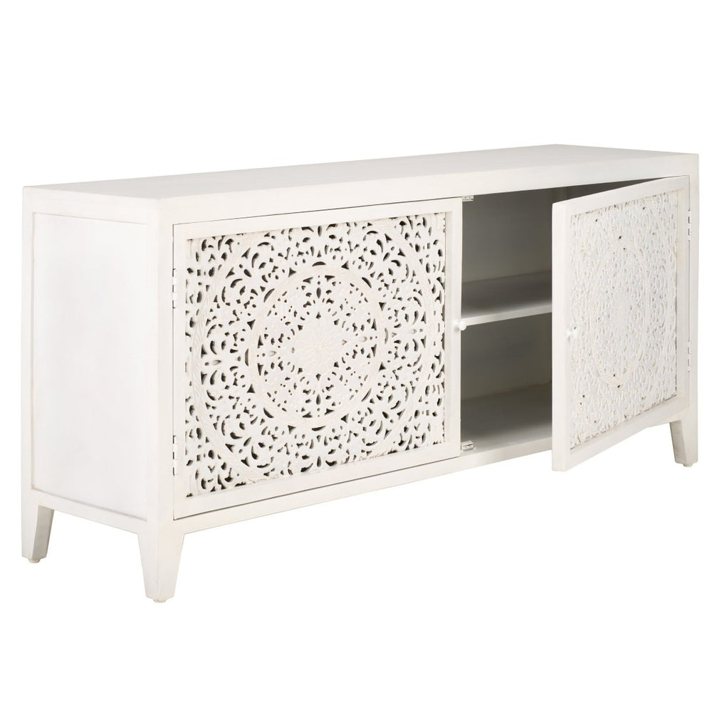 Safavieh Raura Handcrafted 2-Shelf Media Stand With Antique White Finish And Carved Patterns For Stylish Storage MED5300A