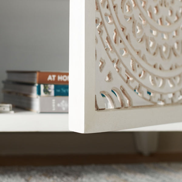 Safavieh Raelie Artisan-Designed 2-Shelf Media Stand With White Wash Finish And Elegant Cut-Out Facade MED5301A