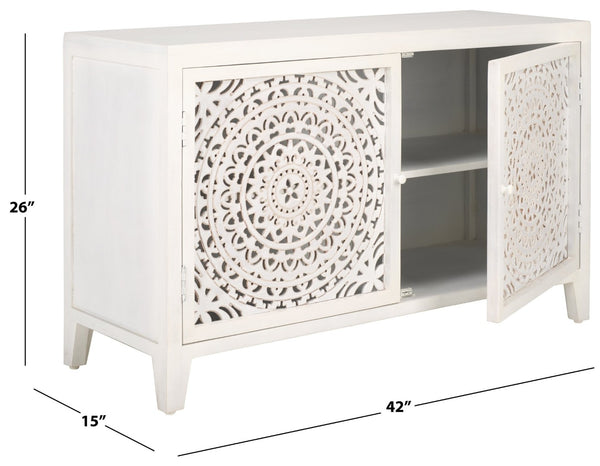 Safavieh Raelie Artisan-Designed 2-Shelf Media Stand With White Wash Finish And Elegant Cut-Out Facade MED5301A