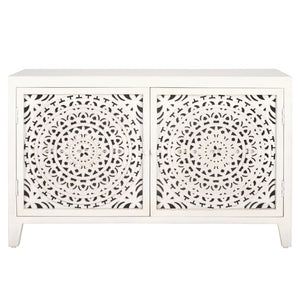 Safavieh Raelie Artisan-Designed 2-Shelf Media Stand With White Wash Finish And Elegant Cut-Out Facade MED5301A