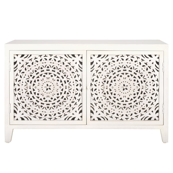 Safavieh Raelie Artisan-Designed 2-Shelf Media Stand With White Wash Finish And Elegant Cut-Out Facade MED5301A