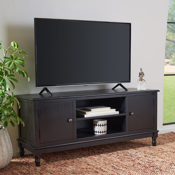 Safavieh Ozark Farmhouse-Style Media Stand With 2 Doors & Open Shelves For Organized Living Room Storage Black MED5700B