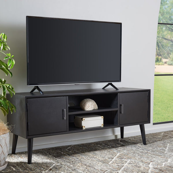 Safavieh Sorrel Mid-Century Modern Media Stand With 2 Doors & Open Shelf For Stylish Living Room Organization Black MED5701B