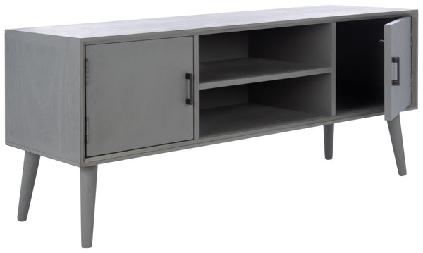 Safavieh Sorrel Mid-Century Modern Media Stand With 2 Doors & Open Shelf For Stylish Living Room Organization Distressed Grey MED5701D