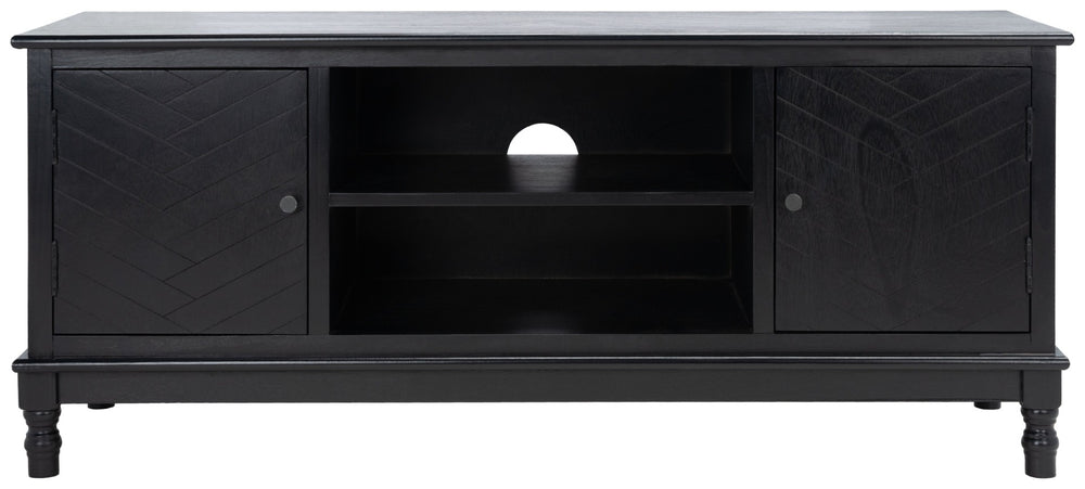 Safavieh Magnolia Media Stand With Oversized Herringbone Doors And Elegant Turned Feet For Stylish Storage Black MED5702B
