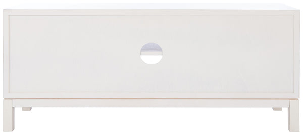 Safavieh Ajana Elegant Media Stand With Chevron Doors, Open Shelf & Stylish Storage For Modern Spaces Distressed White MED5703A