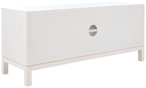 Safavieh Ajana Elegant Media Stand With Chevron Doors, Open Shelf & Stylish Storage For Modern Spaces Distressed White MED5703A