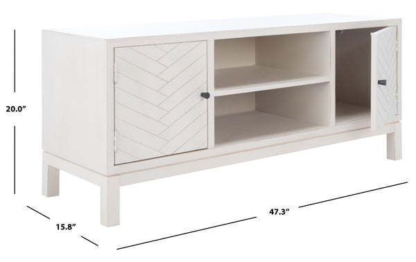 Safavieh Ajana Elegant Media Stand With Chevron Doors, Open Shelf & Stylish Storage For Modern Spaces Distressed White MED5703A