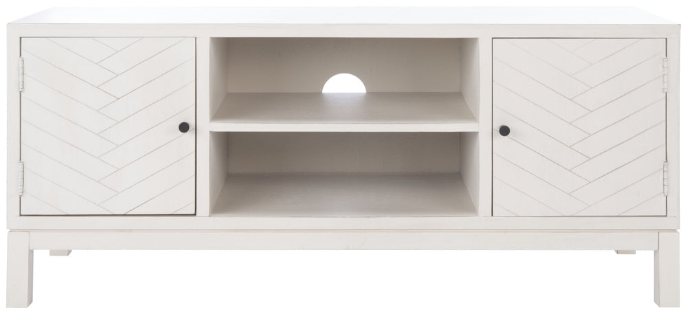 Safavieh Ajana Elegant Media Stand With Chevron Doors, Open Shelf & Stylish Storage For Modern Spaces Distressed White MED5703A