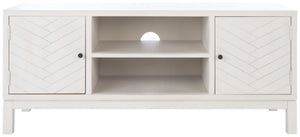 Safavieh Ajana Elegant Media Stand With Chevron Doors, Open Shelf & Stylish Storage For Modern Spaces Distressed White MED5703A