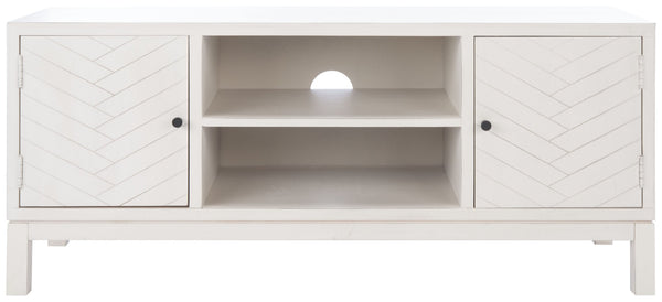 Safavieh Ajana Elegant Media Stand With Chevron Doors, Open Shelf & Stylish Storage For Modern Spaces Distressed White MED5703A