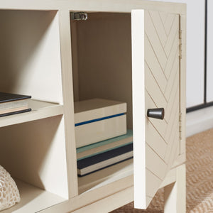 Safavieh Ajana Elegant Media Stand With Chevron Doors, Open Shelf & Stylish Storage For Modern Spaces Distressed White MED5703A