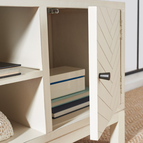 Safavieh Ajana Elegant Media Stand With Chevron Doors, Open Shelf & Stylish Storage For Modern Spaces Distressed White MED5703A