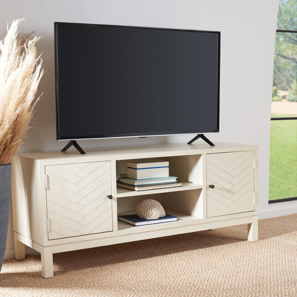 Safavieh Ajana Elegant Media Stand With Chevron Doors, Open Shelf & Stylish Storage For Modern Spaces Distressed White MED5703A