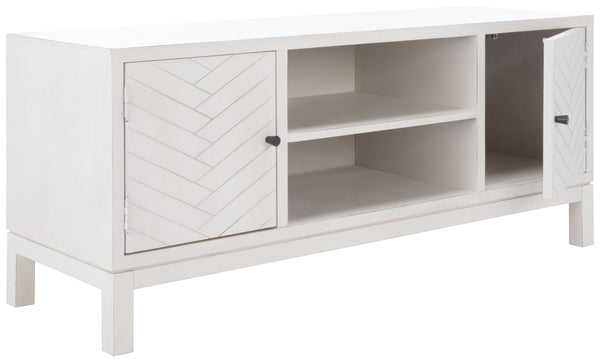 Safavieh Ajana Elegant Media Stand With Chevron Doors, Open Shelf & Stylish Storage For Modern Spaces Distressed White MED5703A