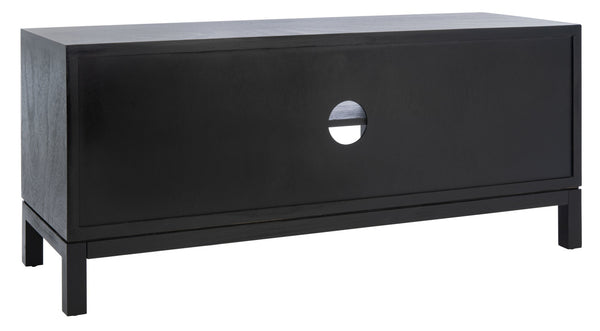 Safavieh Ajana Elegant Media Stand With Chevron Doors, Open Shelf & Stylish Storage For Modern Spaces Black /Greige Doors MED5703B