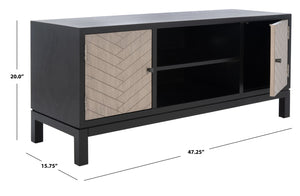 Safavieh Ajana Elegant Media Stand With Chevron Doors, Open Shelf & Stylish Storage For Modern Spaces Black /Greige Doors MED5703B