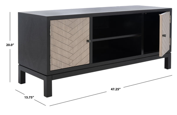 Safavieh Ajana Elegant Media Stand With Chevron Doors, Open Shelf & Stylish Storage For Modern Spaces Black /Greige Doors MED5703B