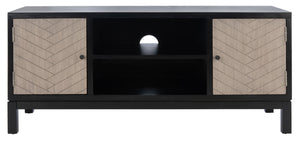 Safavieh Ajana Elegant Media Stand With Chevron Doors, Open Shelf & Stylish Storage For Modern Spaces Black /Greige Doors MED5703B