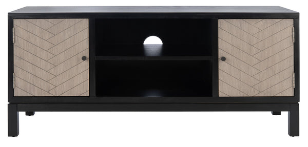 Safavieh Ajana Elegant Media Stand With Chevron Doors, Open Shelf & Stylish Storage For Modern Spaces Black /Greige Doors MED5703B