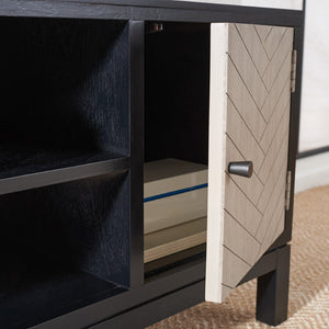 Safavieh Ajana Elegant Media Stand With Chevron Doors, Open Shelf & Stylish Storage For Modern Spaces Black /Greige Doors MED5703B
