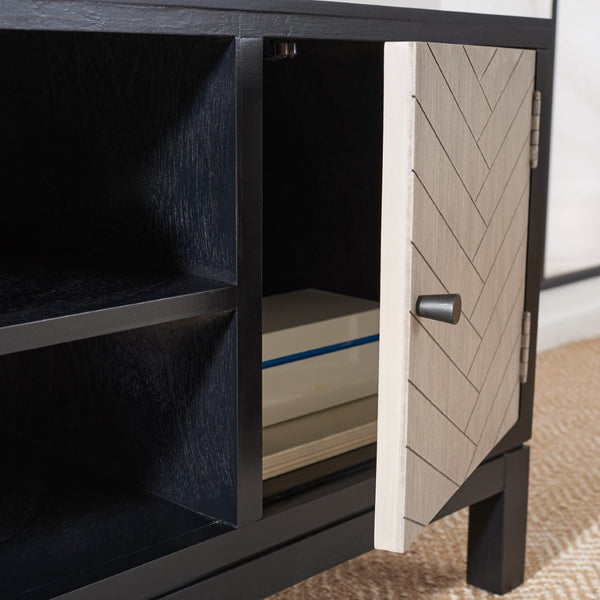 Safavieh Ajana Elegant Media Stand With Chevron Doors, Open Shelf & Stylish Storage For Modern Spaces Black /Greige Doors MED5703B