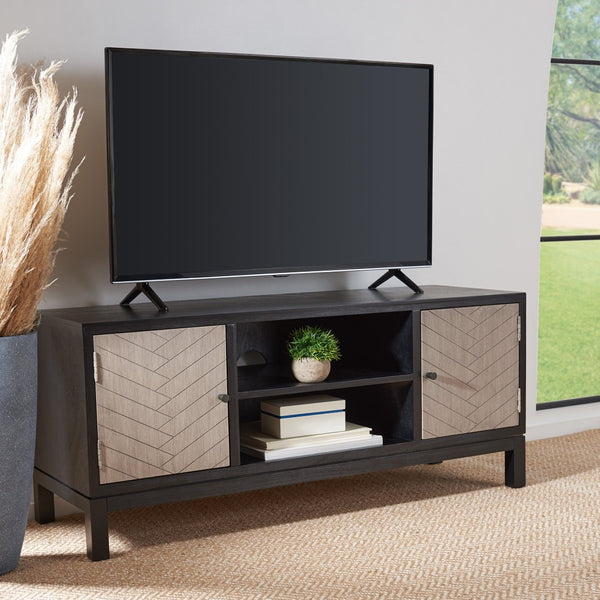 Safavieh Ajana Elegant Media Stand With Chevron Doors, Open Shelf & Stylish Storage For Modern Spaces Black /Greige Doors MED5703B