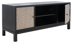 Safavieh Ajana Elegant Media Stand With Chevron Doors, Open Shelf & Stylish Storage For Modern Spaces Black /Greige Doors MED5703B