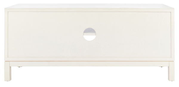 Safavieh Ajana Elegant Media Stand With Chevron Doors, Open Shelf & Stylish Storage For Modern Spaces Distressed White /Honey Brown Doors MED5703C