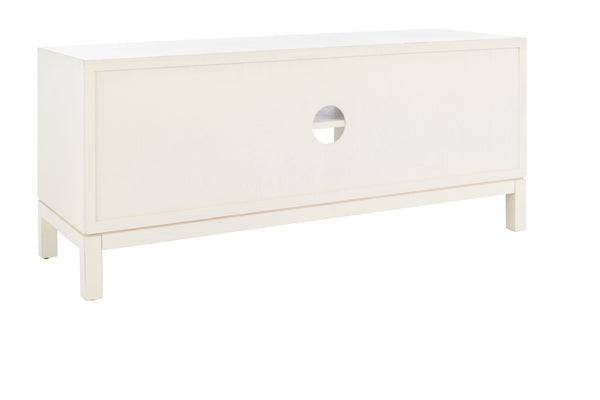 Safavieh Ajana Elegant Media Stand With Chevron Doors, Open Shelf & Stylish Storage For Modern Spaces Distressed White /Honey Brown Doors MED5703C
