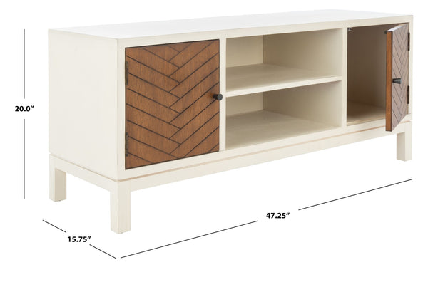 Safavieh Ajana Elegant Media Stand With Chevron Doors, Open Shelf & Stylish Storage For Modern Spaces Distressed White /Honey Brown Doors MED5703C